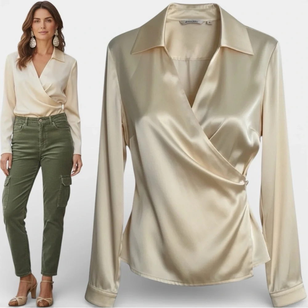 VINTAGE 70s Incinoo Cream Silk Satin Wrap Blouse L/S Retro Pointy Collar - Picture 1 of 16